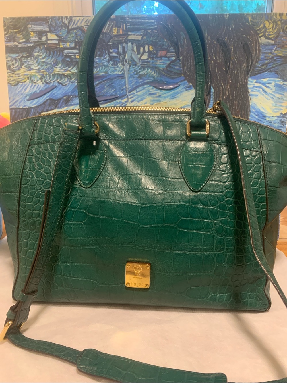 MCM Green Croc-Embossed Satchel with Gold Plaque with  Authenticity Card